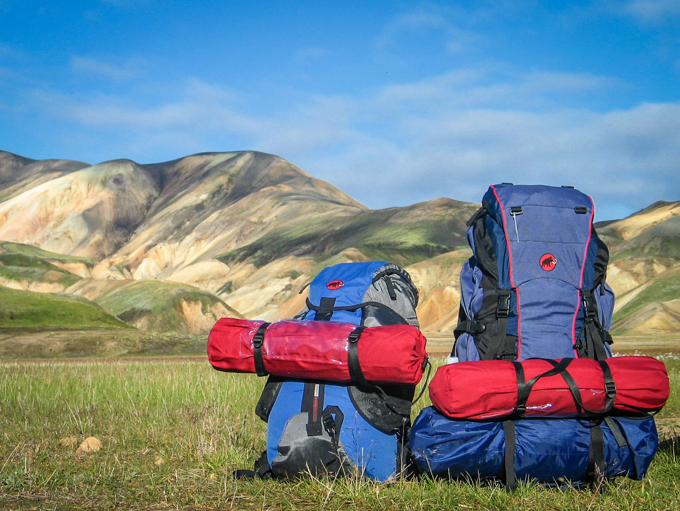 Two backpacking packs resting on grass with mountains behind